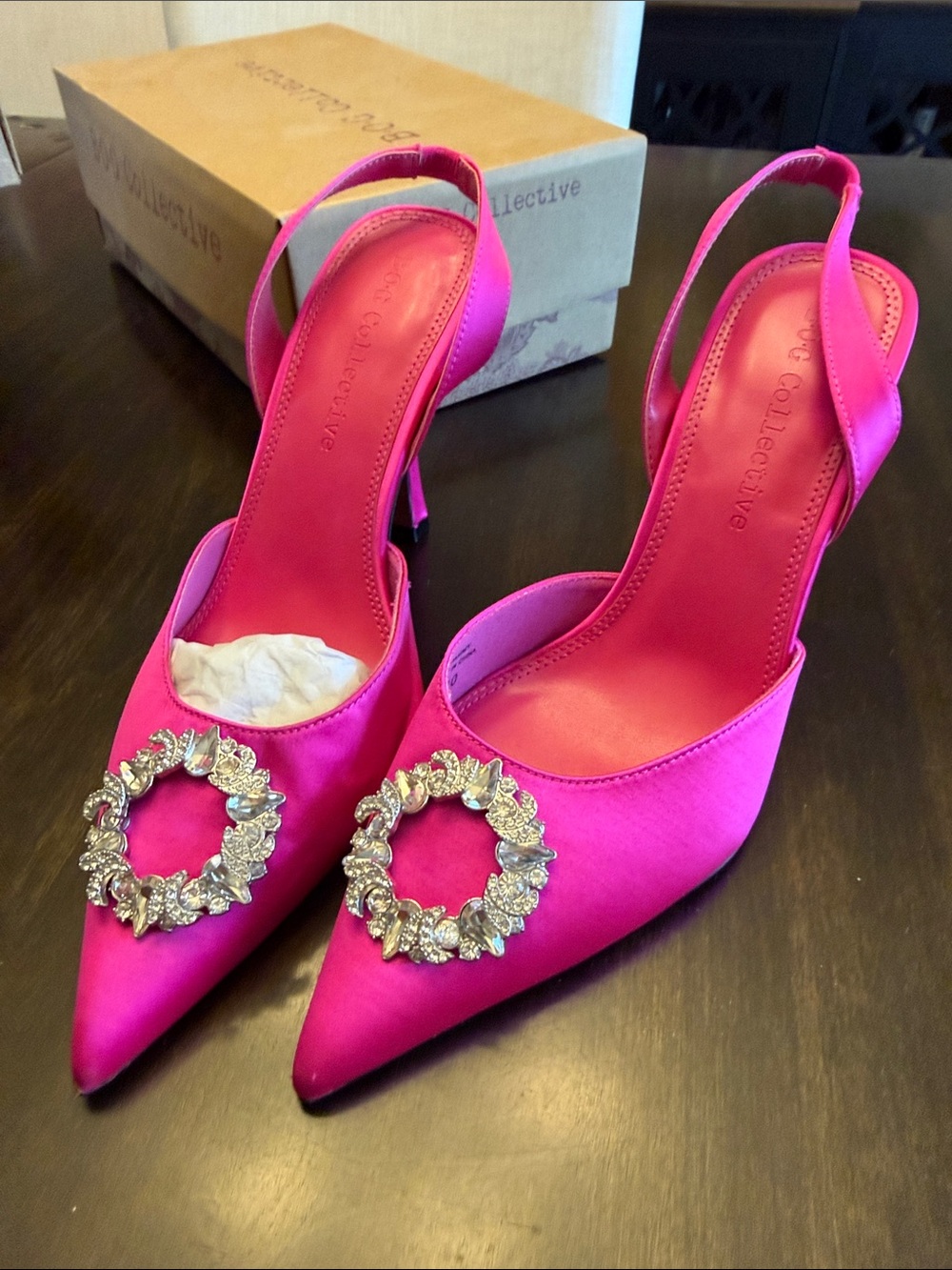 Hot Pink Satin Pointed-Toe Slingback Heels with Crystal NEVER WORN